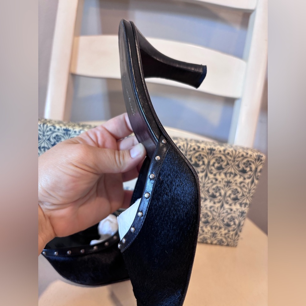 Vintage A. Marinelli black calf hair mules pointed toe silver tone studs - Picture 7 of 7
